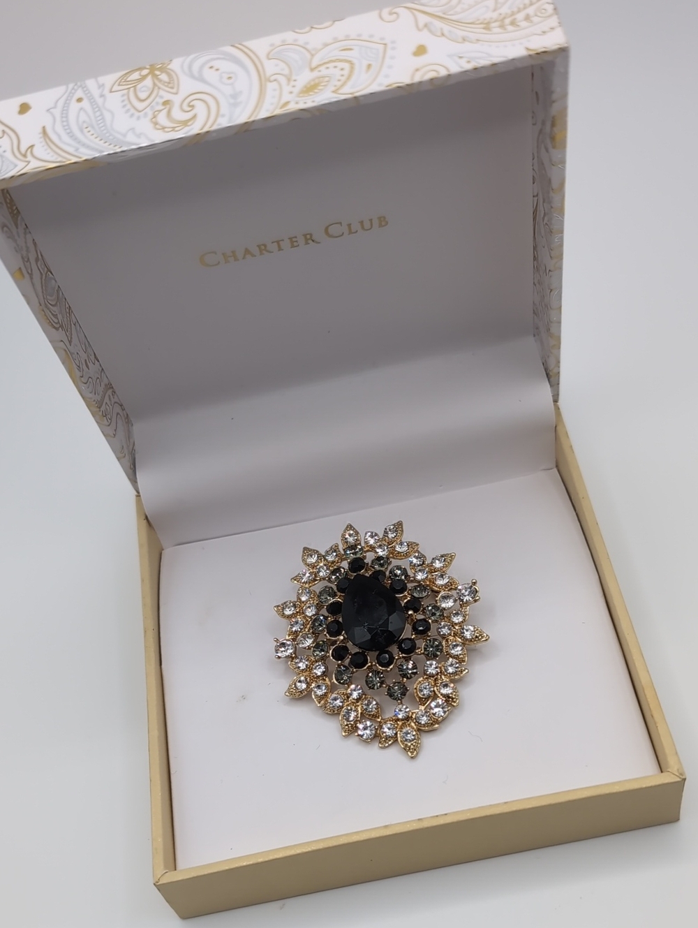MACY'S Boxed Cluster Goldtone & Gray Black Rhinestone Brooch Pin NWT